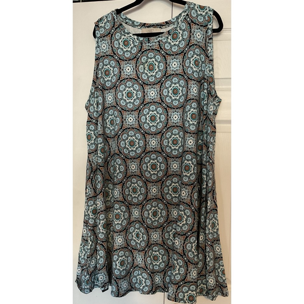 Loft Blue Brown Floral Geometric Knee Length Shift Dress Plus Size 24/26‎